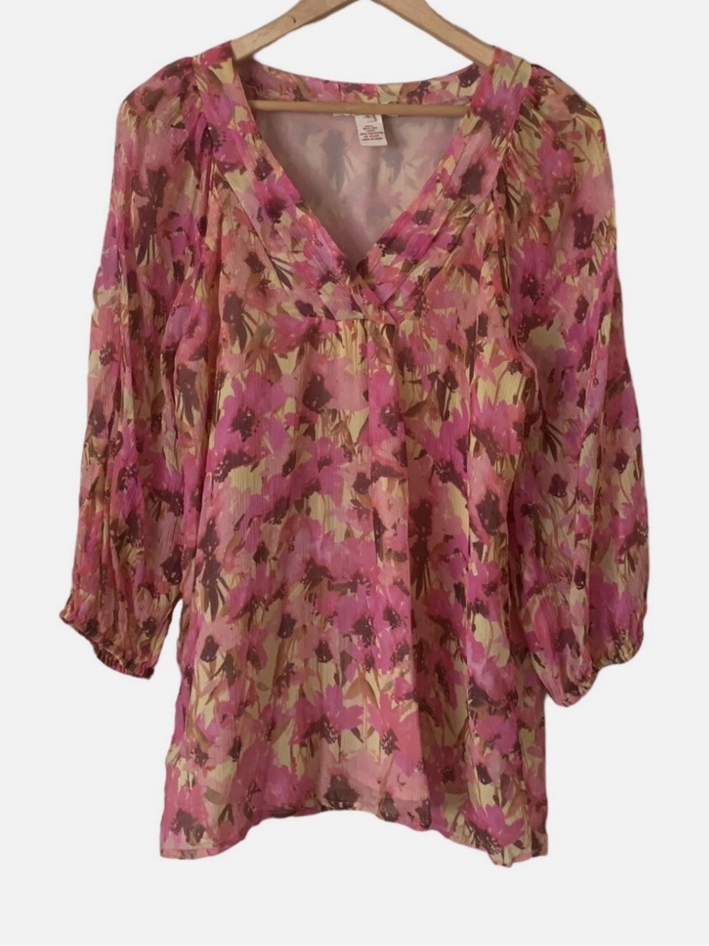 SUNDANCE Silk Pink Floral V-Neck Sheer Blouse
